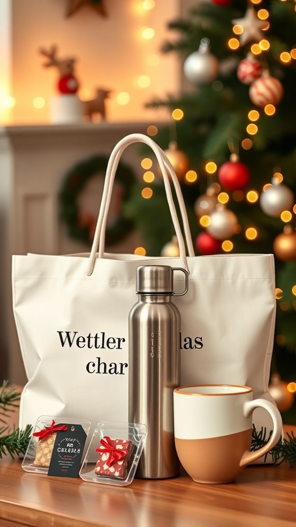 A collection of minimalist Christmas gifts including a reusable bag, water bottle, and ceramic mug on a festive background.